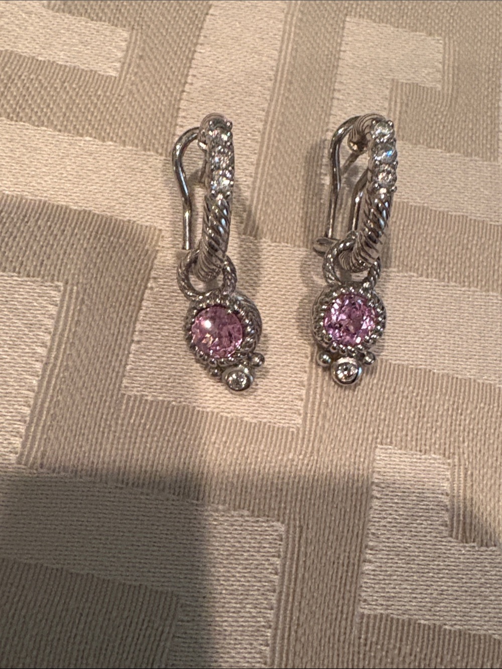EUC Judith Ripka Sterling Silver Hoop w/ Pink Gem & Faux Diamond Drop Earrings